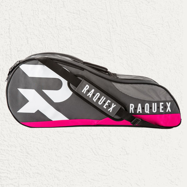 A blue and black Raquex racquet bag with the brand's logo displayed prominently on the side.