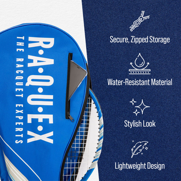 Blue tennis racket cover infographic from Raquex