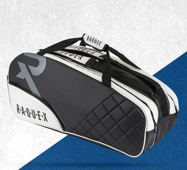 Black and white sports bag with Raquex branding