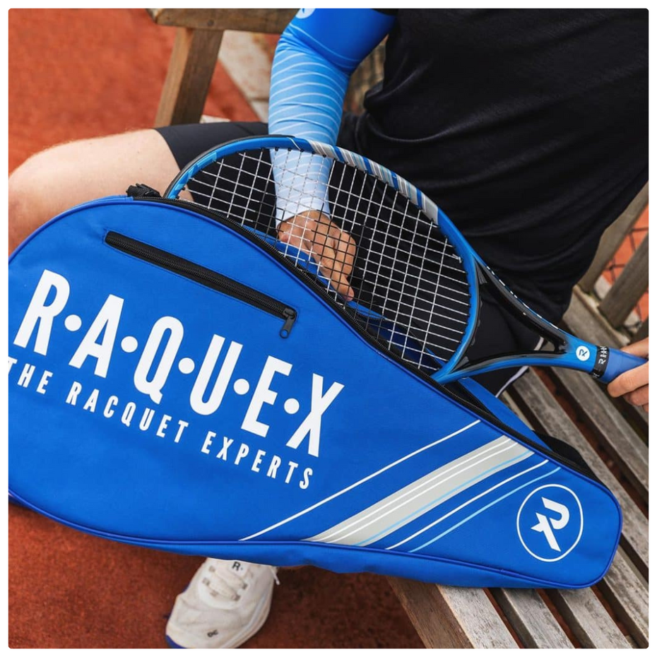 A blue raquex tennis bag