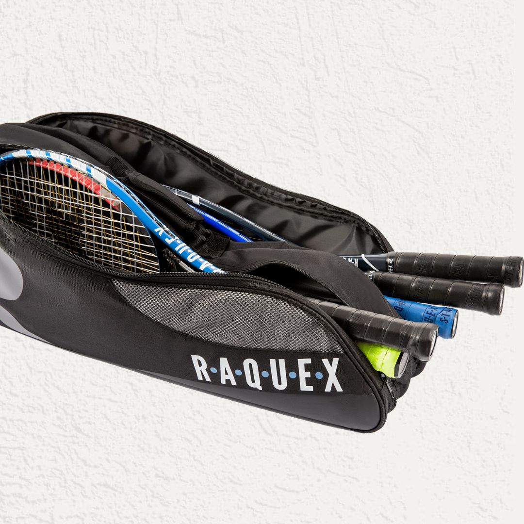 Black raquet bag filled with tennis and padel raquets