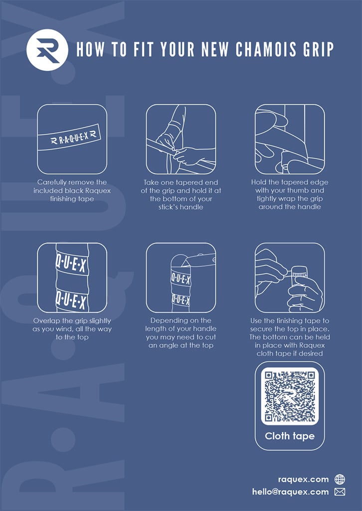 Printed Raquex card showing the chamois hockey grip steps as diagrams