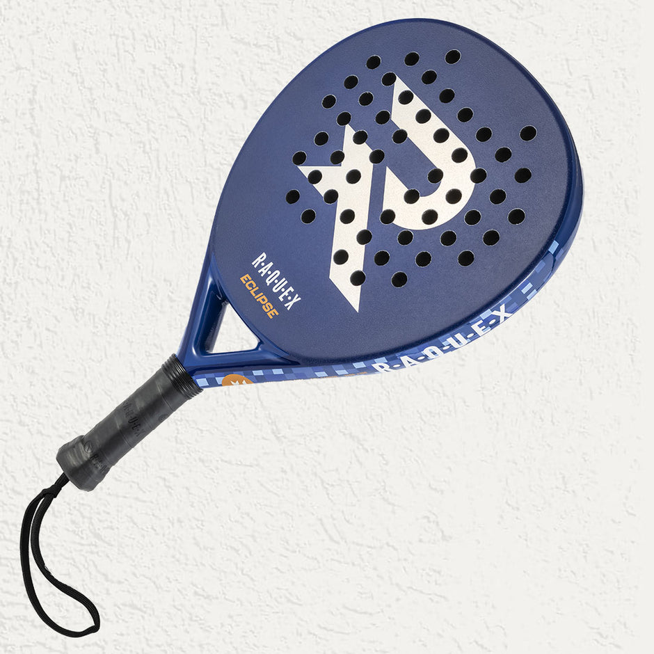 Raquex Eclipse Padel Racquet with black handle and strap