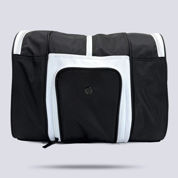 End view of the Raquex Elevate Tour bag showing the zipped front accessory pocket with vent