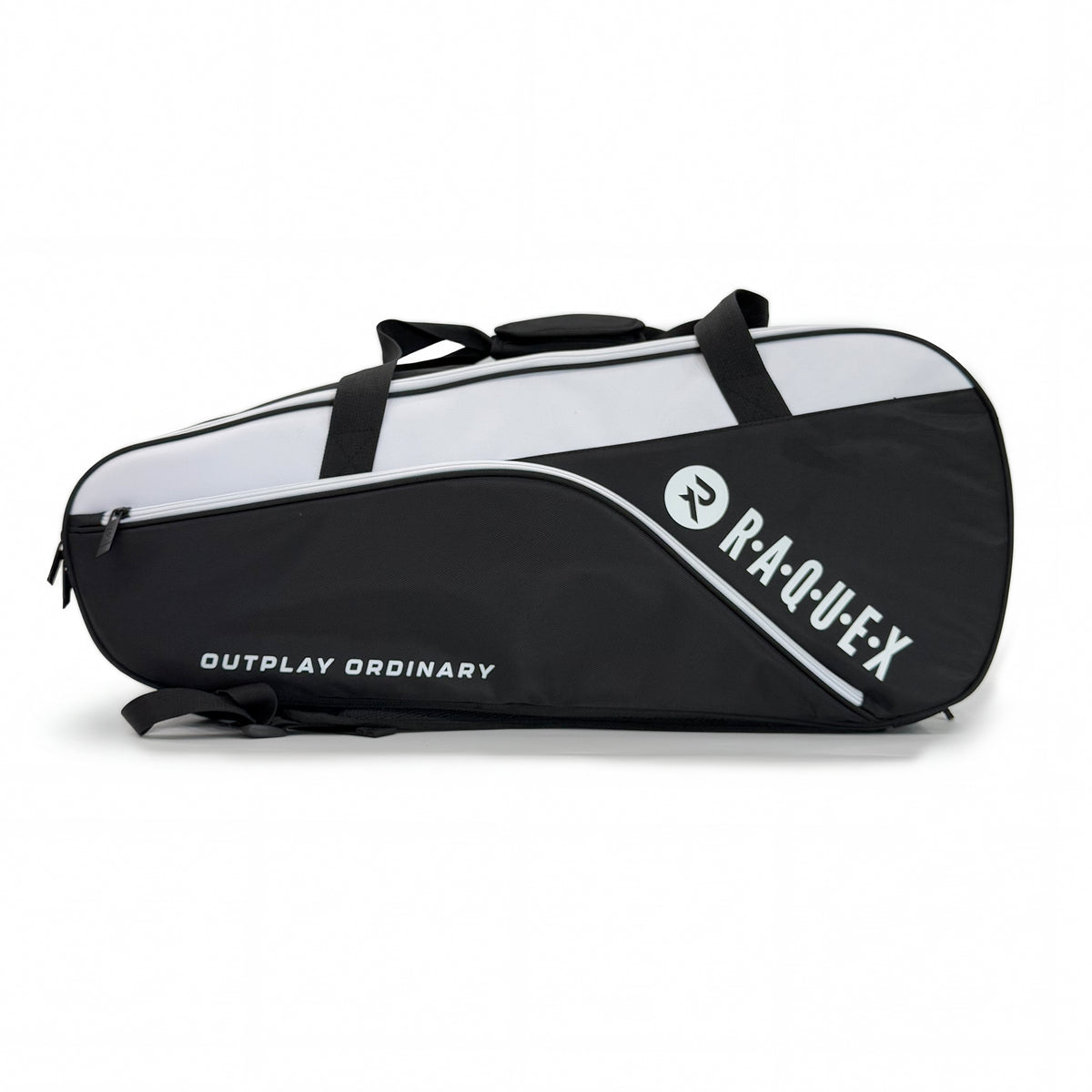Raquex Elevate Tour racquet bag in black and white, side profile