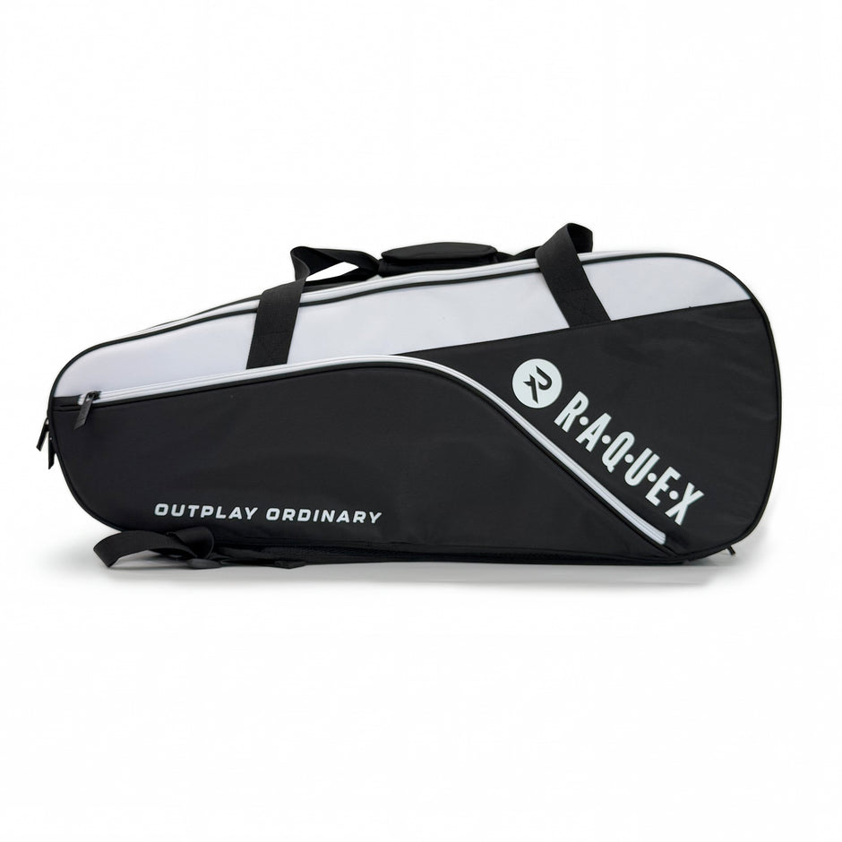 Raquex Elevate Tour racquet bag in black and white, side profile