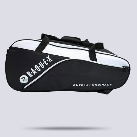 Raquex Elevate Tour tennis racquet bag in black and white, side profile