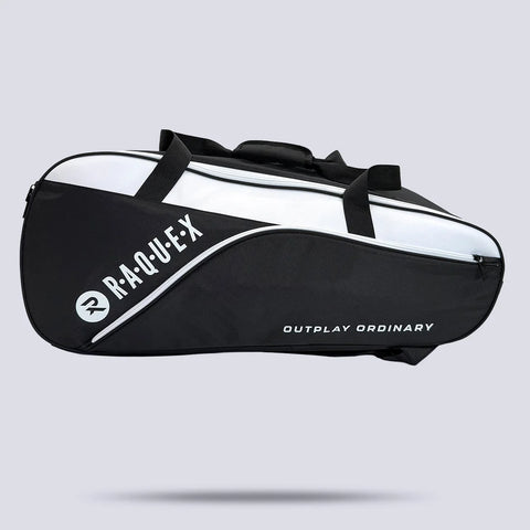 Raquex Elevate Tour tennis racquet bag in black and white, side profile