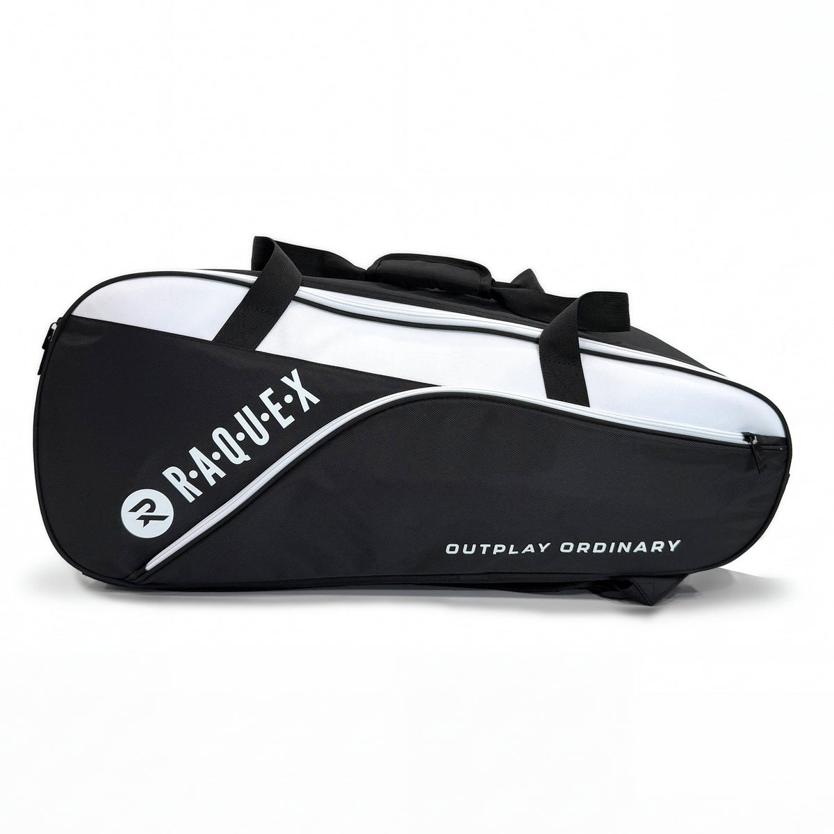 Raquex Elevate Tour tennis racket bag showing the Raquex wordmark and Outplay Ordinary