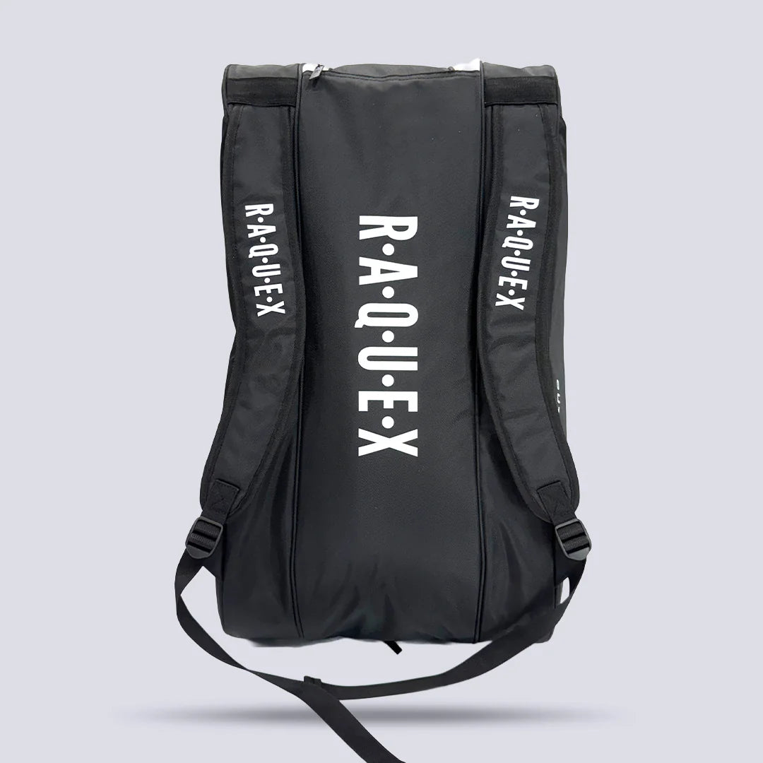 Rear of the Raquex Elevate Tour racquet bag showing the padded backpack shoulder straps