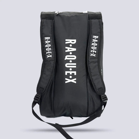 Rear of the Raquex Elevate Tour racquet bag showing the padded backpack shoulder straps
