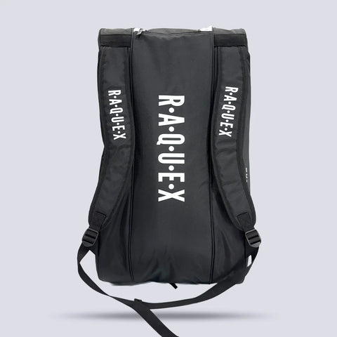 Rear of the Raquex Elevate Tour racquet bag showing the padded backpack shoulder straps