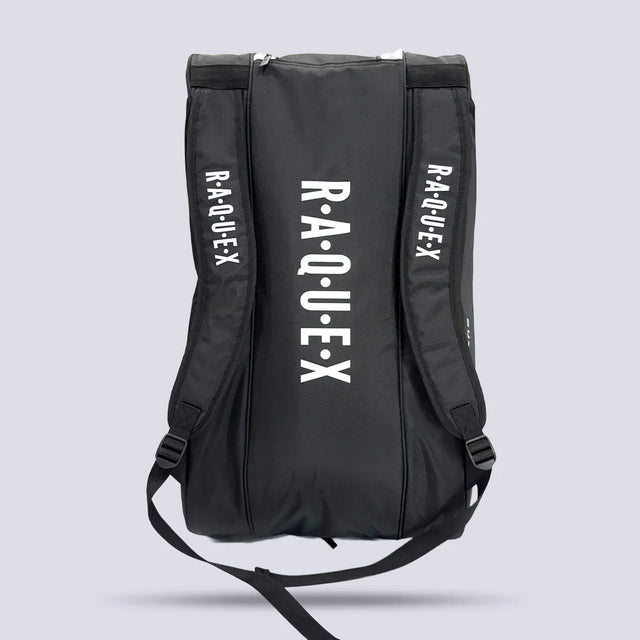 Rear of the Raquex Elevate Tour racquet bag showing the padded backpack shoulder straps