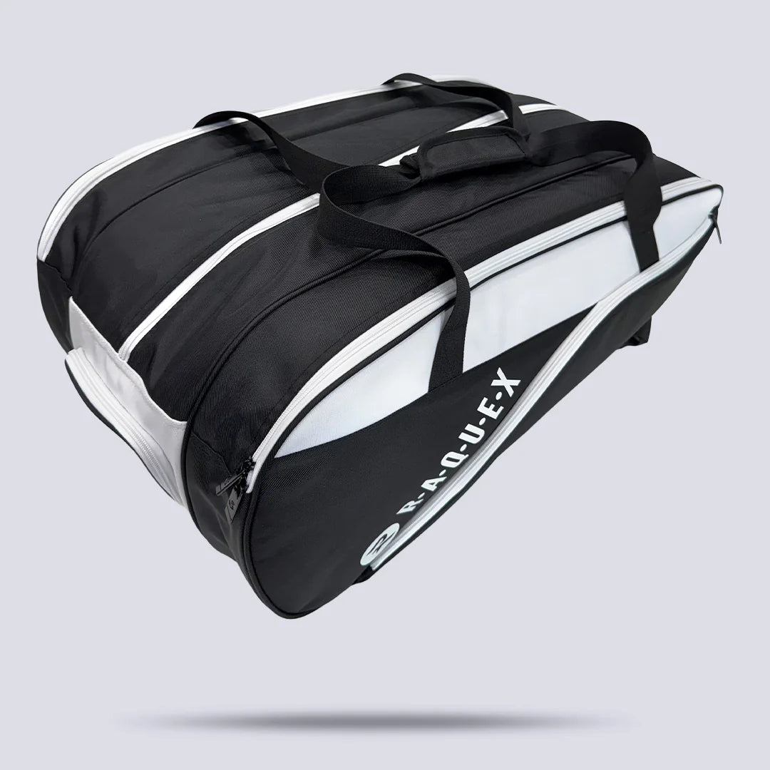 Raquex Elevate Tour racquet bag from above showing the twin carry handles and three compartments