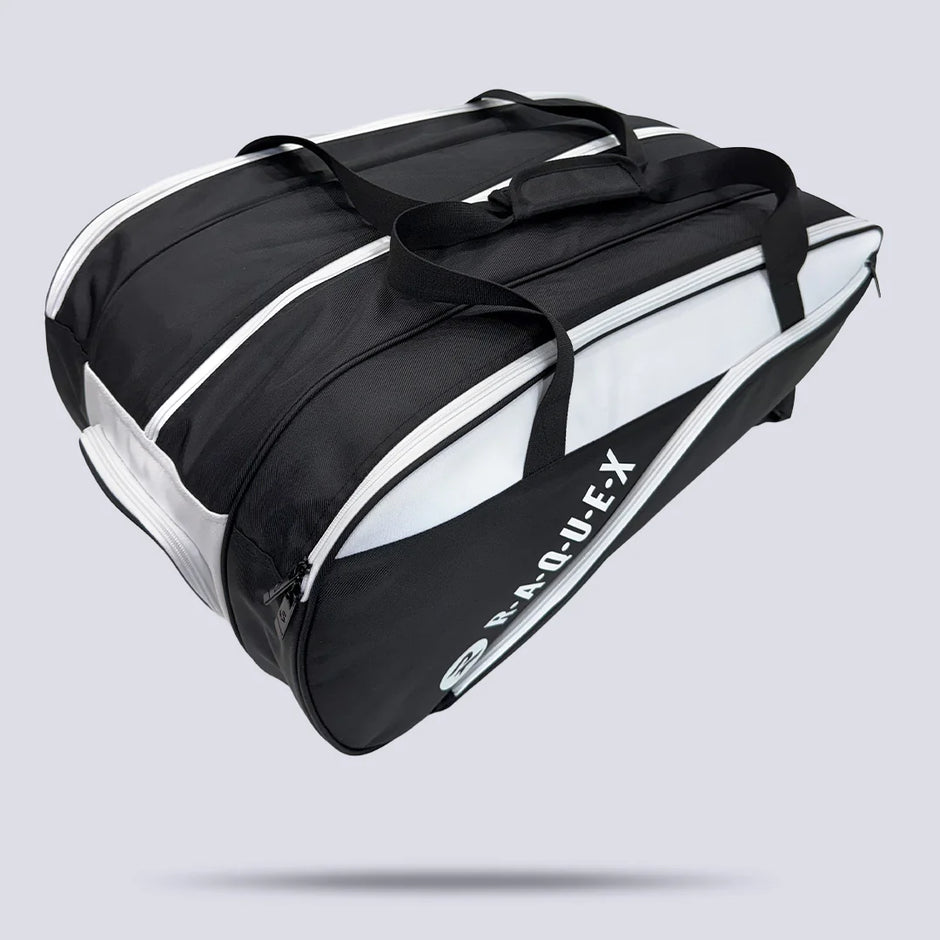 Raquex Elevate Tour racquet bag from above showing the twin carry handles and three compartments