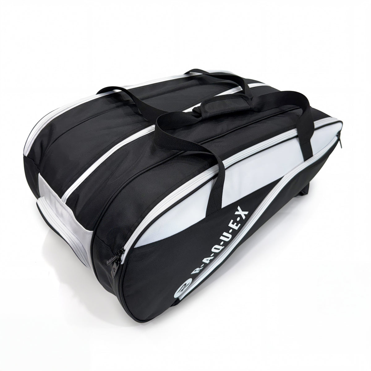 Raquex Elevate Tour racquet bag showing the three zipped compartments