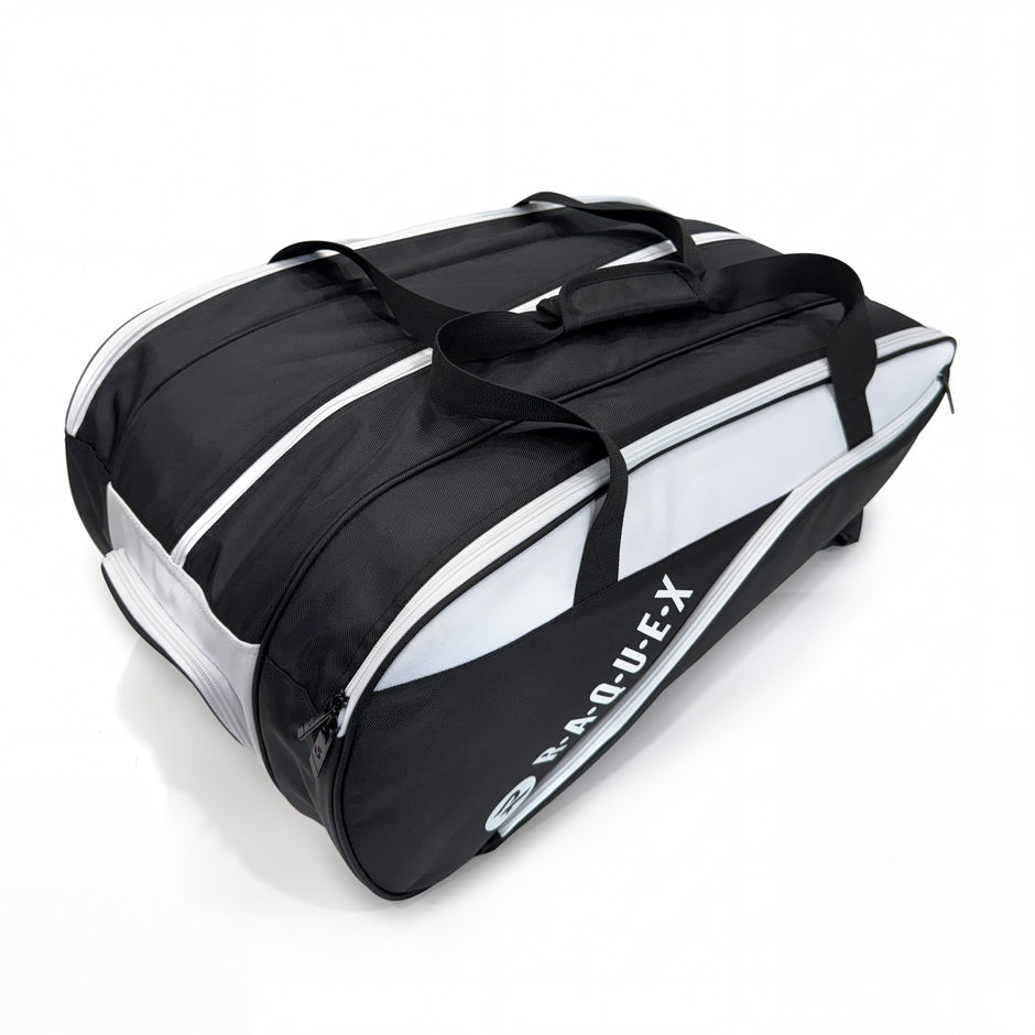 Raquex Elevate Tour racquet bag showing the three zipped compartments