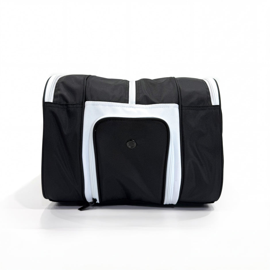 End view of the Raquex Elevate Tour bag with the ventilated pocket and three compartments