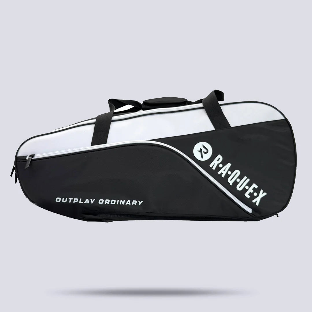 Raquex Elevate Tour racquet bag reverse side profile with the R.A.Q.U.E.X print