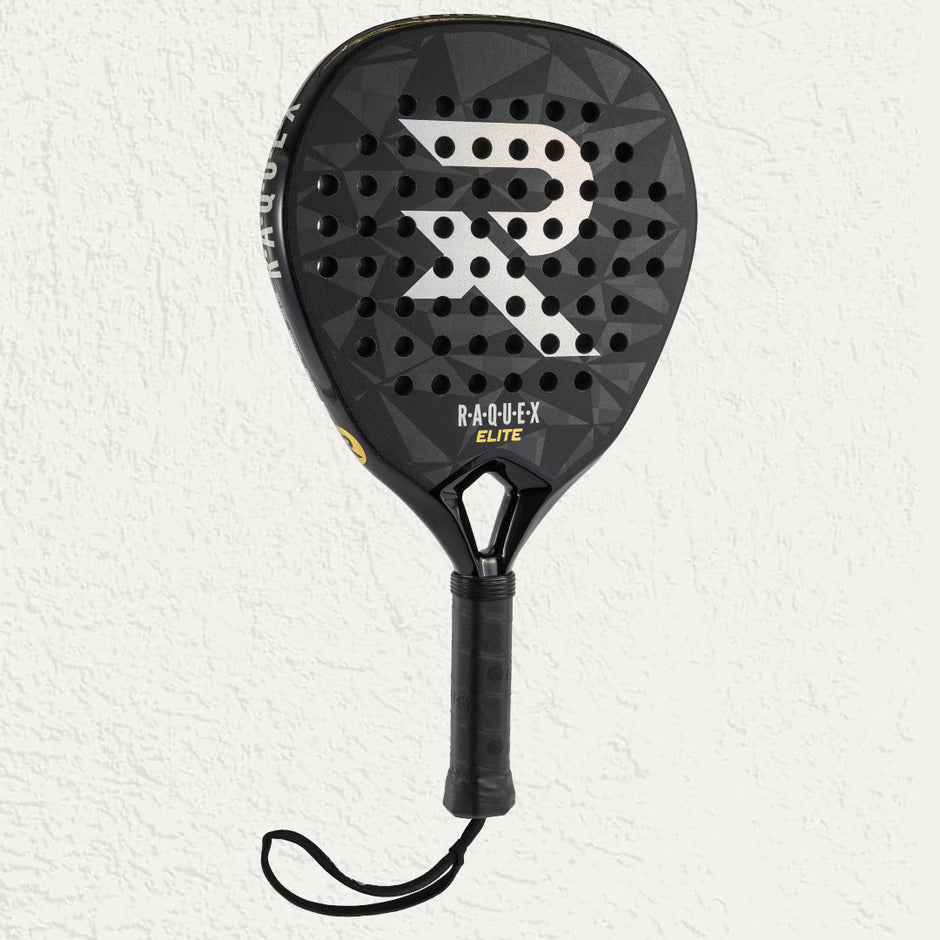 Raquex Elite Padel Racquet in Black with black grip and wrist strap