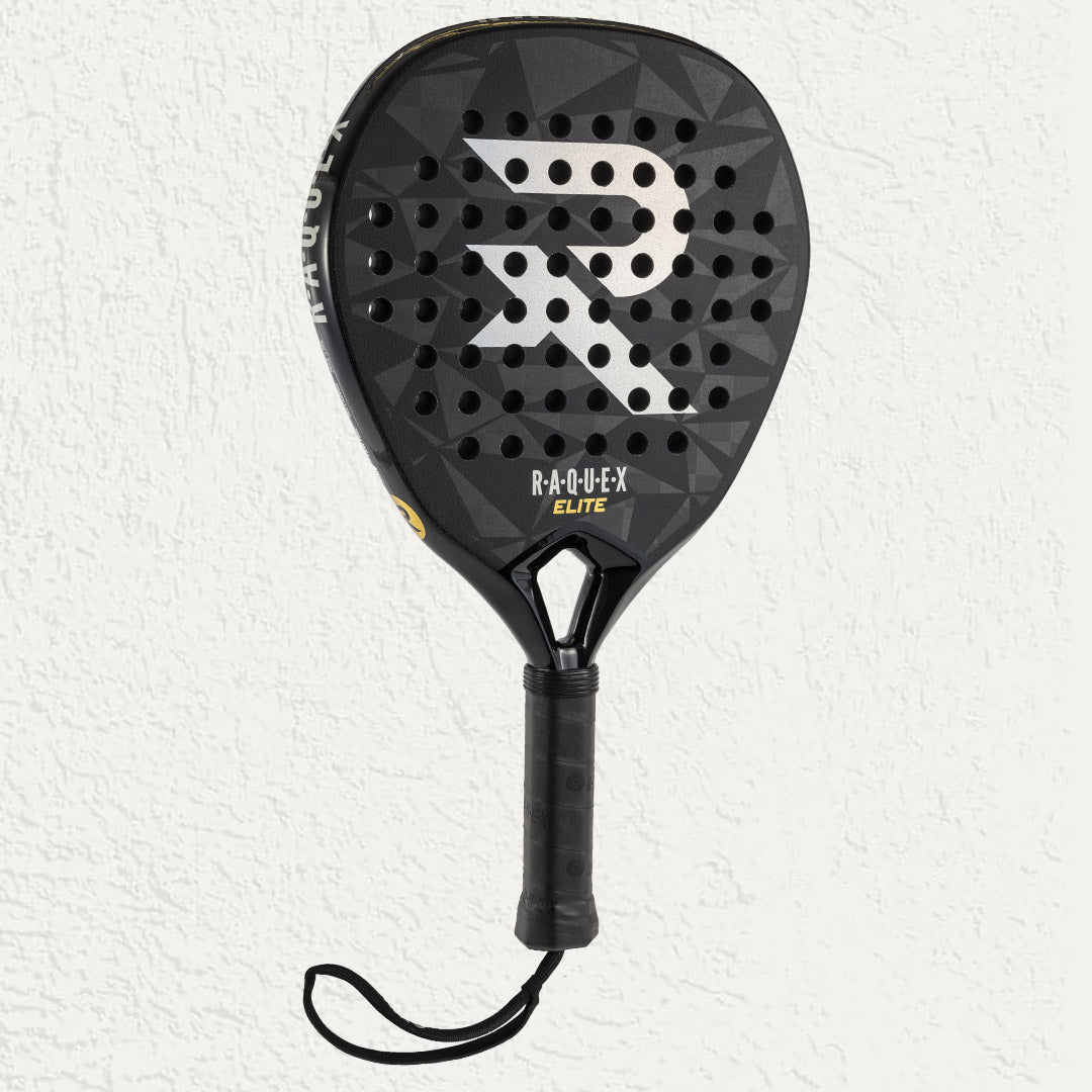 Raquex Elite Padel Racquet in Black with black grip and wrist strap