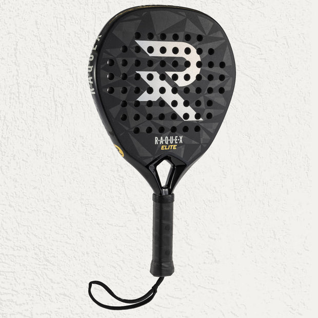 Raquex Elite Padel Racquet in Black with black grip and wrist strap