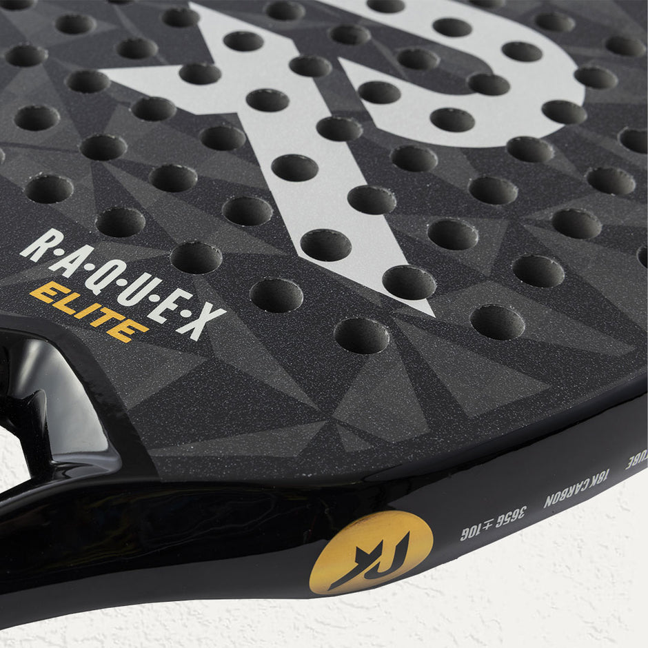 Aerodynamic holes on the Raquex Elite Padel Racquet in Black