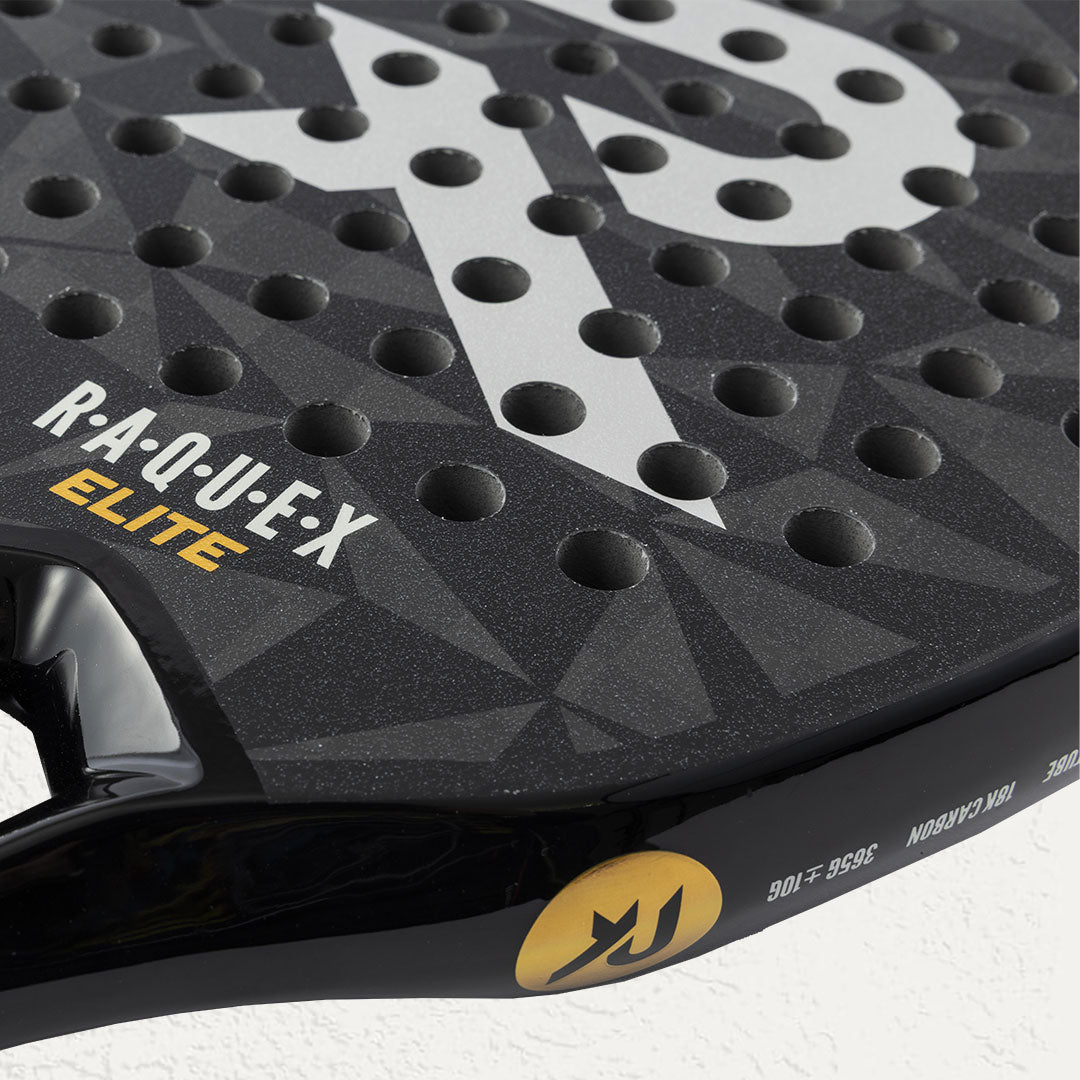 Aerodynamic holes on the Raquex Elite Padel Racquet in Black