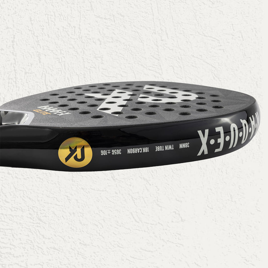 Raquex Elite padel raquet in black with branding on the side