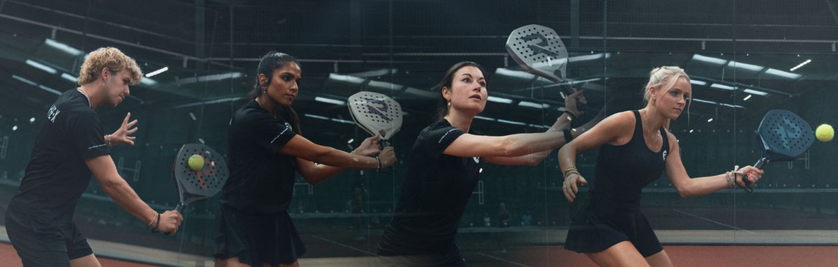 Four Raquex players mid-shot on an indoor padel court, holding Evion racquets