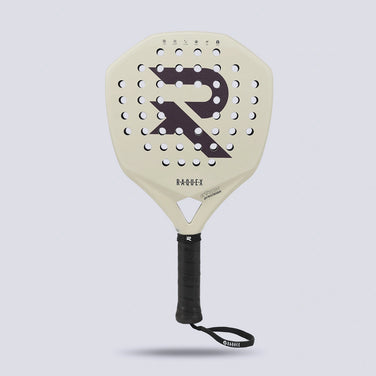 Raquex Evion Precision champagne padel racquet showing the perforated face