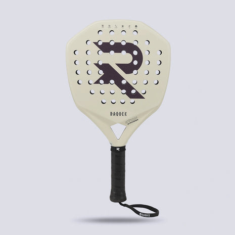 Raquex Evion Precision champagne padel racquet showing the perforated face