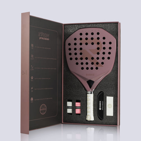 Evion Precision Rose in its magnetic presentation box with overgrips, angled view