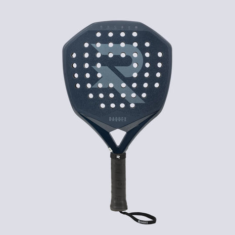 Raquex Evion Precision navy padel racquet showing the perforated face