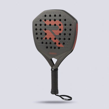 Raquex Evion Strike padel racquet in black with red accents, front view
