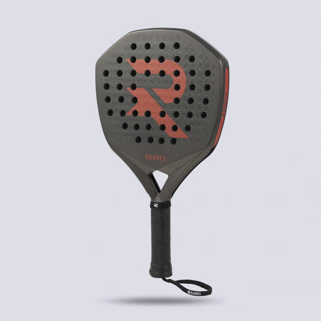 Raquex Evion Strike padel racquet in black with red accents, front view
