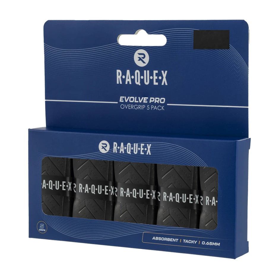 Raquex Evolve Pro black overgrip 5 pack, angled box view showing the V pattern