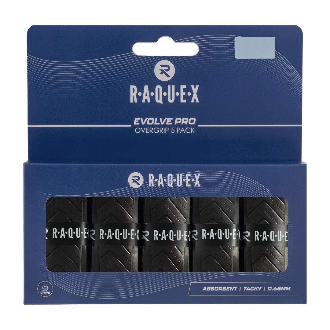 Raquex Evolve Pro overgrip 5 pack in black, boxed