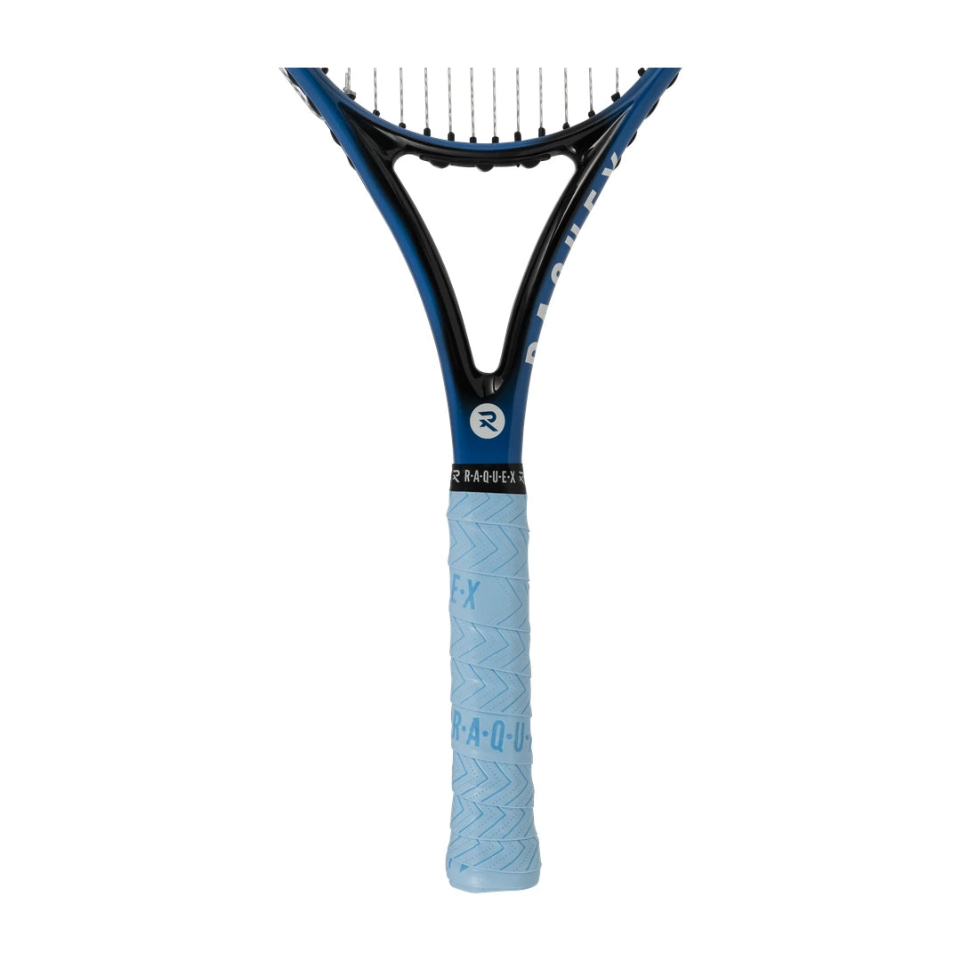 Light blue Raquex Evolve Pro overgrip fitted to a racquet handle