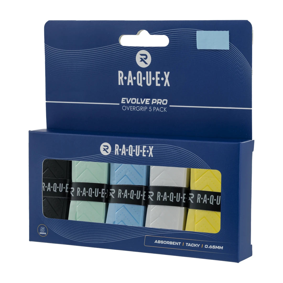 Raquex Evolve Pro multicoloured overgrip 5 pack, angled box view