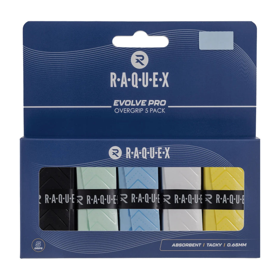 Raquex Evolve Pro overgrip 5 pack in multicoloured, boxed