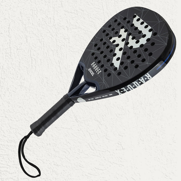 Raquex Excel Padel Racquet in Black with black grip and wrist strap