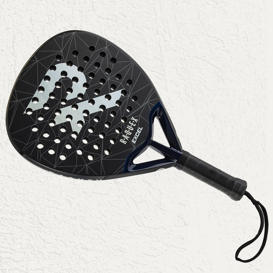 Raquex Excel Padel Racquet in Black with logo on the hitting surface