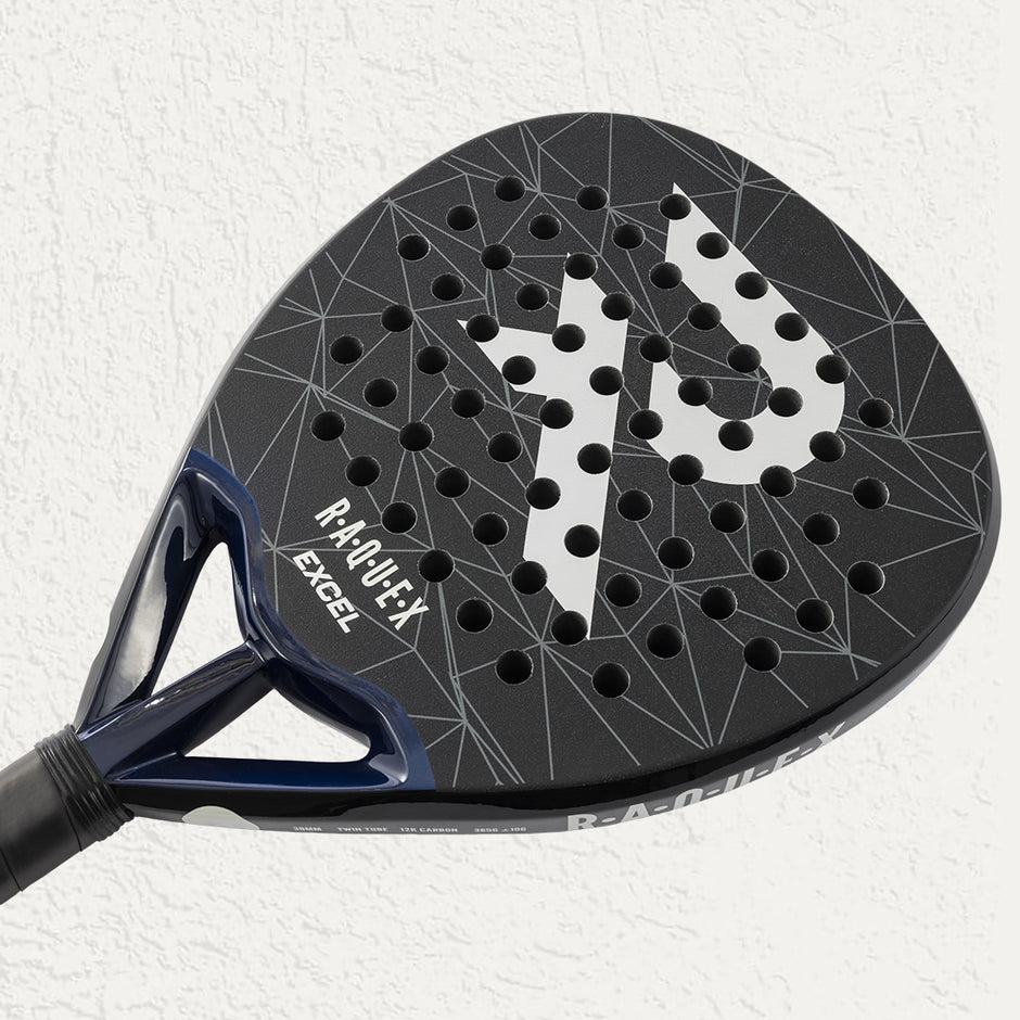 Aerodynamic holes on the Raquex Excel Padel Racquet in Black