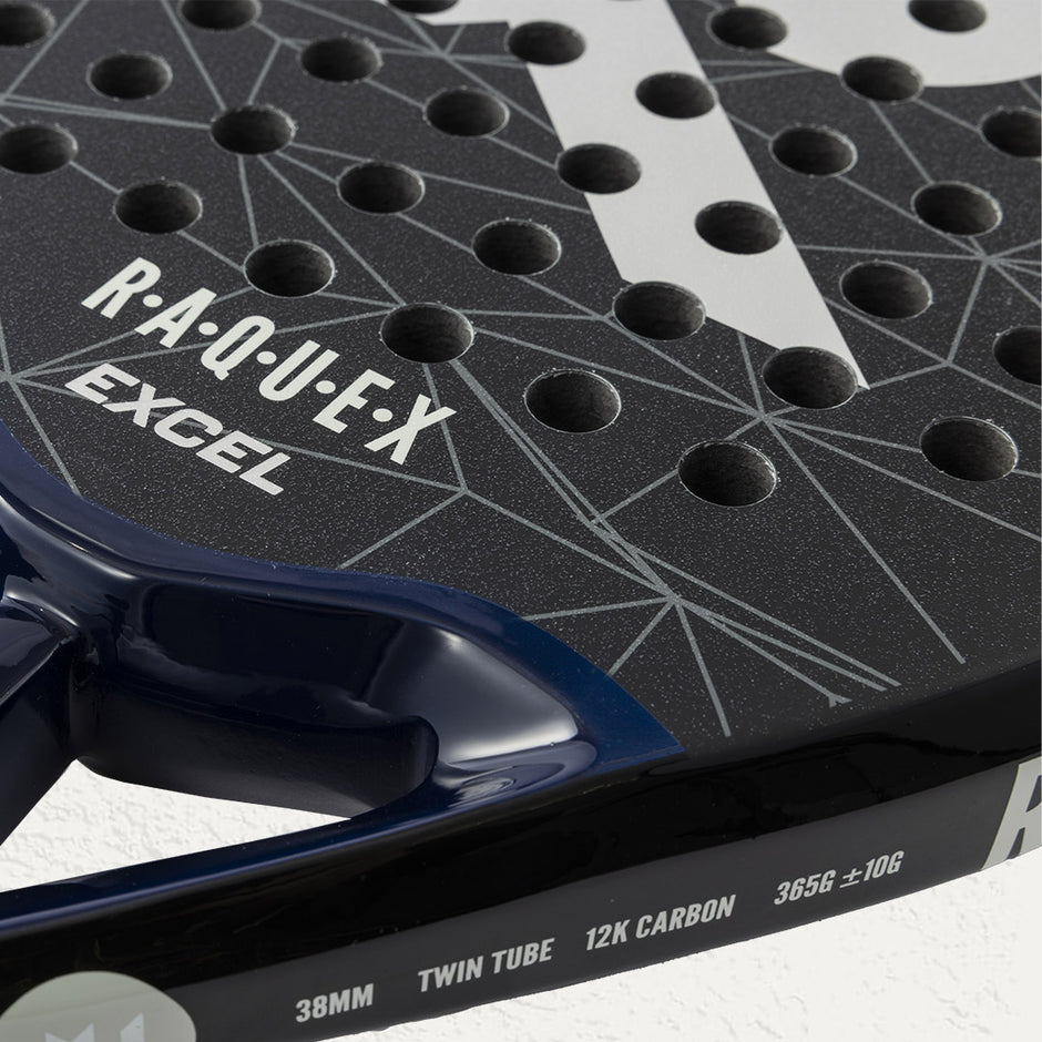 Perforated aerodynamic holes on the Raquex Excel Padel Racquet in Black