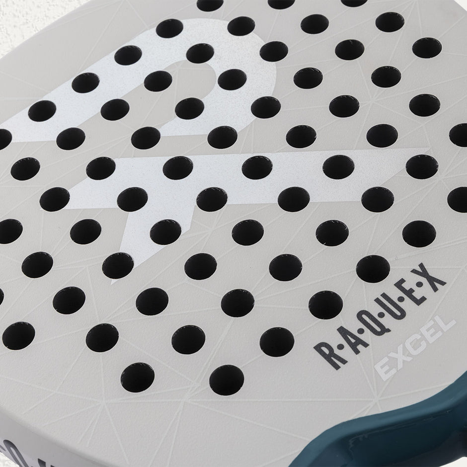 Aerodynamic holes in the Raquex excel padel racquet in white