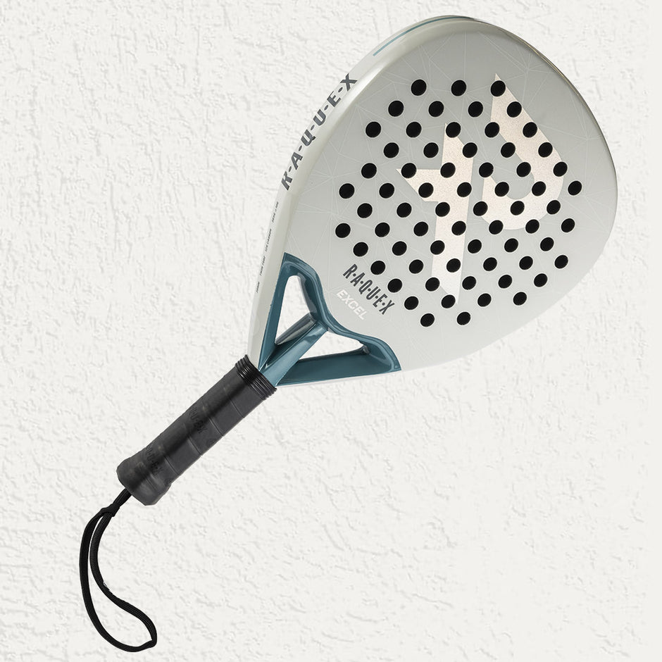 Raquex padel racquet in white with black grip and safety wrist strap