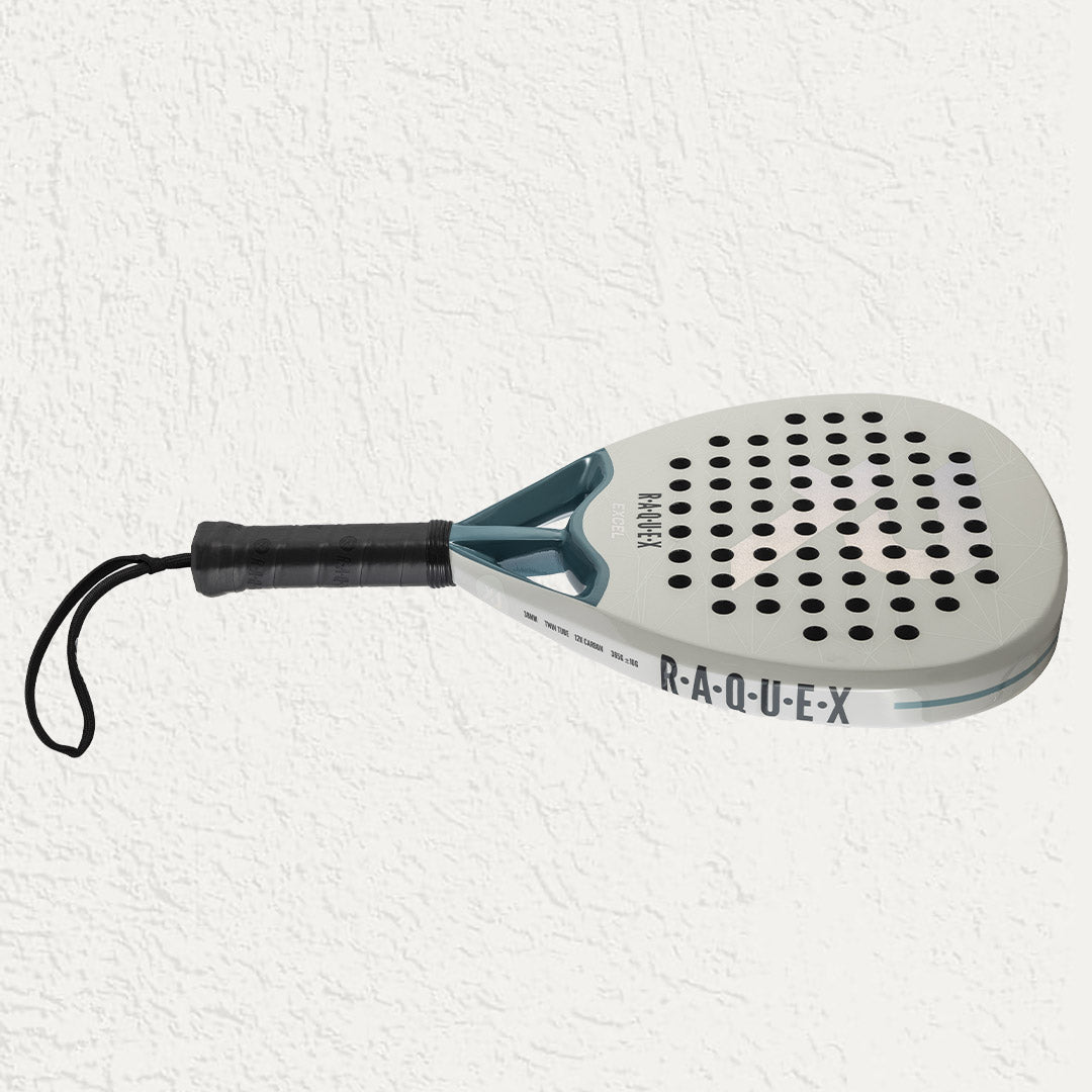 Raquex padel racquet in white with raquex logo to the side 