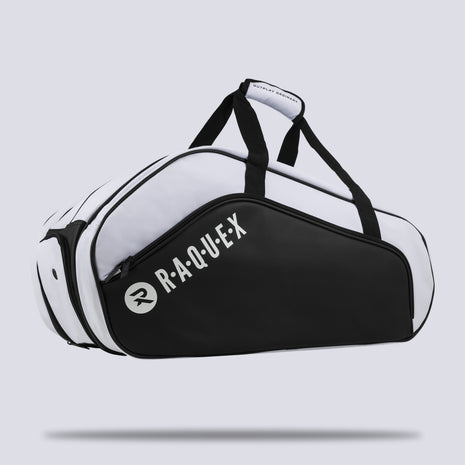 Raquex Execute Tour padel racquet bag in white and black, three-quarter front view with padded top handles