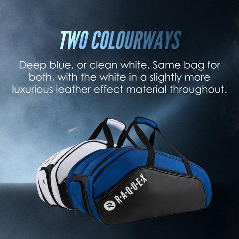 Raquex Execute Tour padel bag in both colourways, deep blue and clean white, the white in a more luxurious leather effect material
